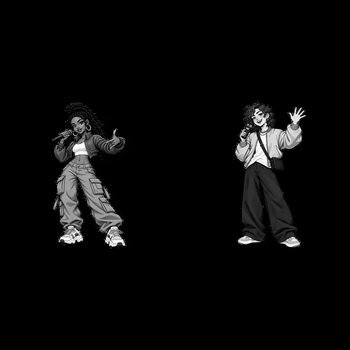 Hip-hop artists performing with microphones in monochrome style - AI-generated stock image
