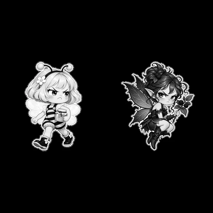Grumpy fairy and bee character stickers in black and white - AI-generated stock image