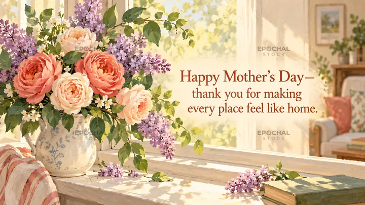 Mother’s Day Floral Greeting with a Message of Home - AI-generated stock image