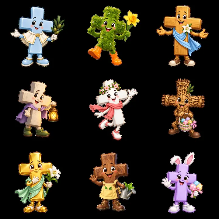 Easter cross characters in cheerful poses with flowers and gifts - AI-generated stock image
