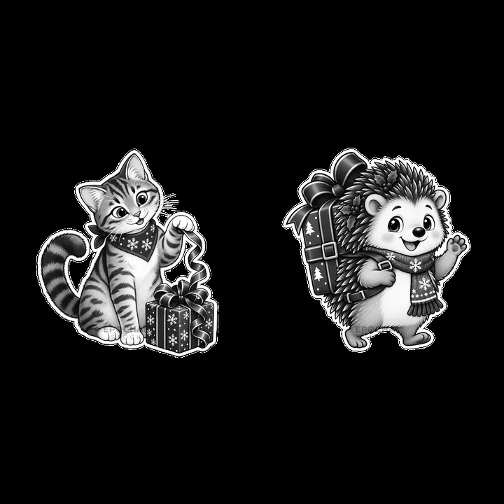 Cat and hedgehog with Christmas presents in monochrome cartoon - AI-generated stock image
