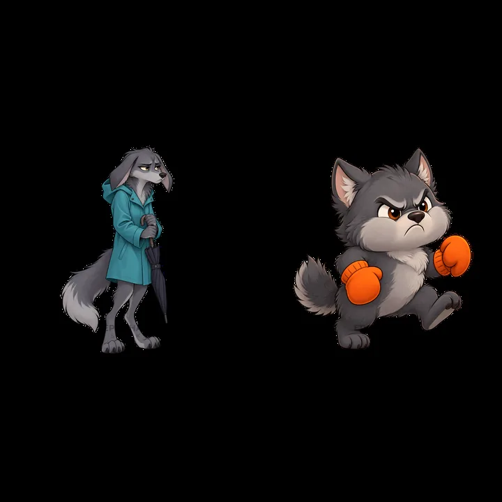 Grumpy wolf with umbrella and angry wolf in orange gloves - AI-generated stock image