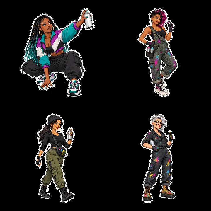 Four stylish female graffiti sprayers with spray cans and outfits - AI-generated stock image