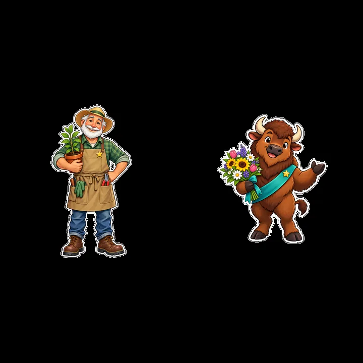 Gardener with plants and bison holding flowers in a pair - AI-generated stock image
