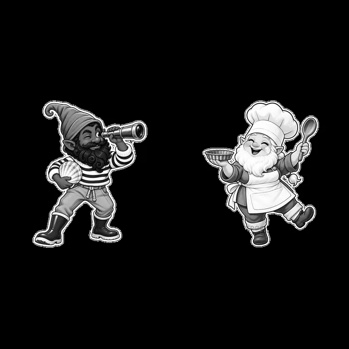 Two gnomes with a telescope and baking dish in black-and-white - AI-generated stock image
