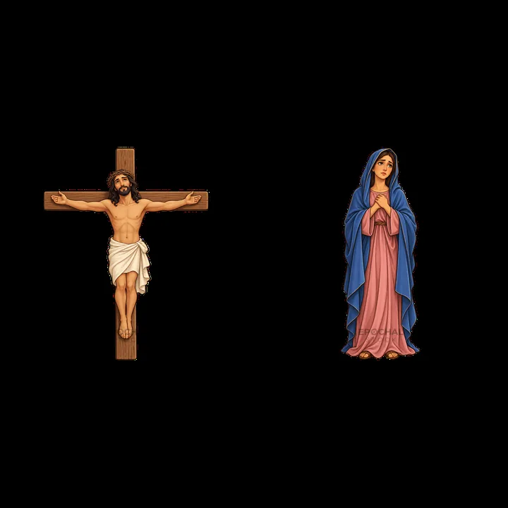 Jesus on the cross with Mary standing beside him - AI-generated stock image