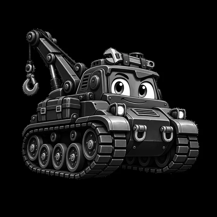 Cartoon tank with crane arm and smiling face design - AI-generated stock image