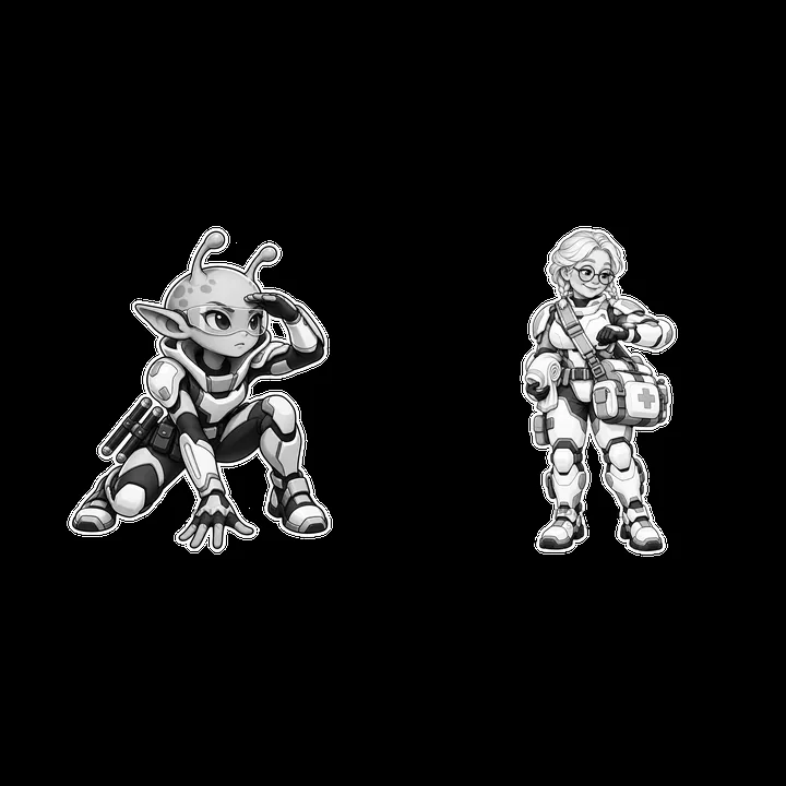 Kawaii futuristic super-soldier duo with weapons and medical gear - AI-generated stock image
