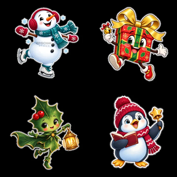 Four cheerful cartoon characters celebrating Christmas - AI-generated stock image