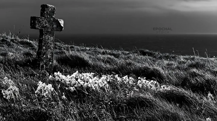 Rustic Christian cross stands in a winter meadow by the sea - AI-generated stock image