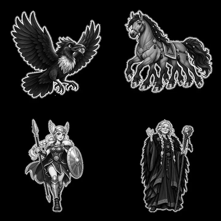 Odin the Norse All-Father with his horse and raven in black and white - AI-generated stock image