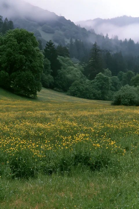 Rainy valley meadow with wildflowers and mountains in background - AI-generated stock image