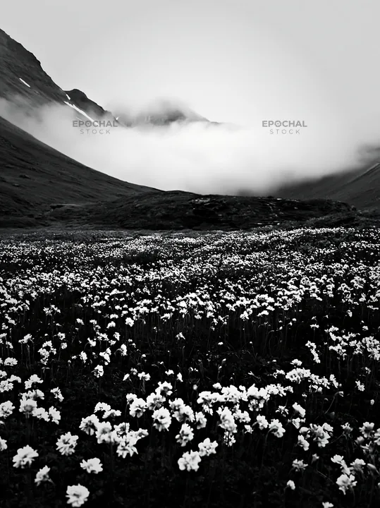 Mountain pass meadow filled with white flowers and fog - AI-generated stock image