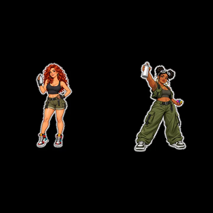 Sexy female graffiti sprayers with spray cans in urban attire - AI-generated stock image