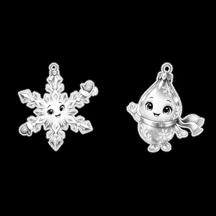 Cartoon snowflake and ornament characters waving cheerfully - AI-generated stock image