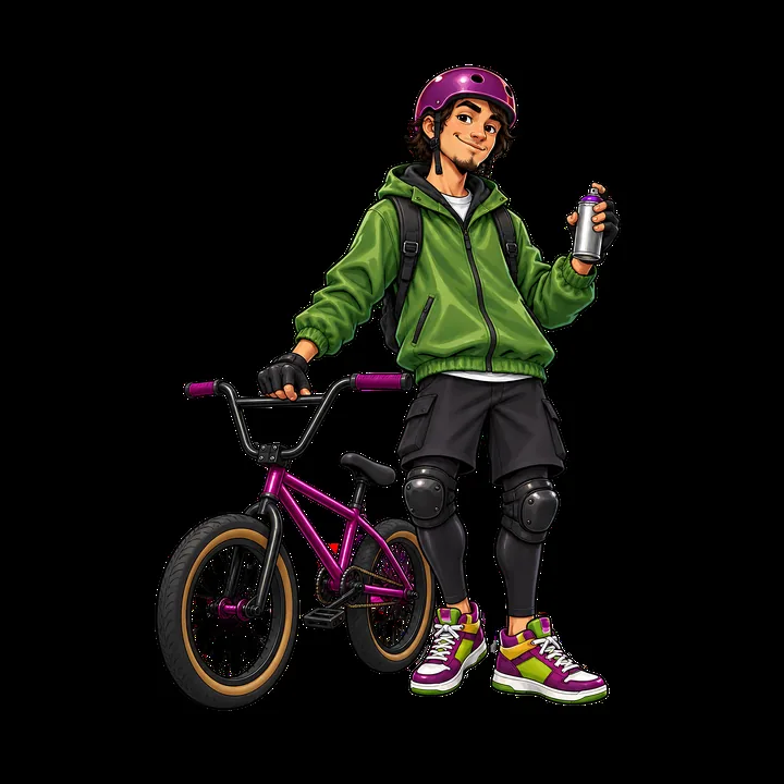 Cool graffiti sprayer with bike and spray can in urban setting - AI-generated stock image