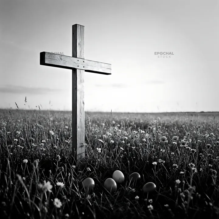 Golden Christian cross in a sunset meadow - AI-generated stock image