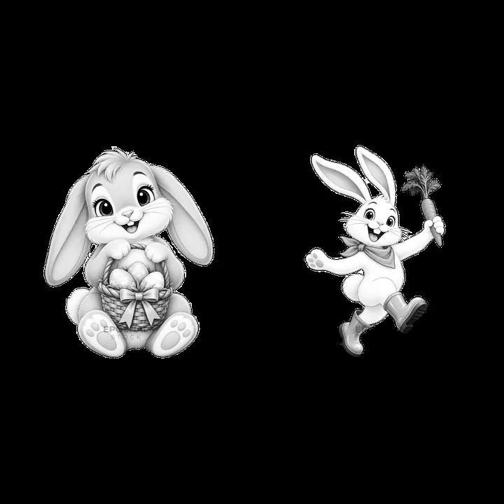 Easter Bunny characters with basket and carrot in black and white - AI-generated stock image