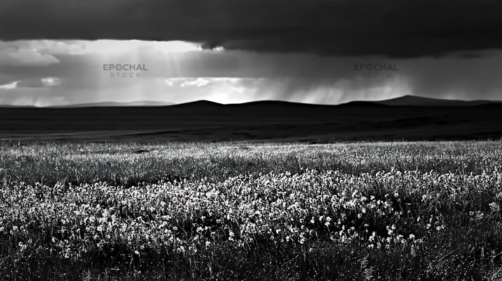 Silver dew on a meadow under overcast sky - AI-generated stock image
