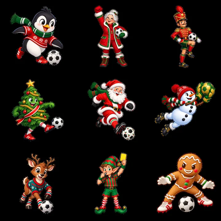 Christmas soccer characters with festive attire and fun poses - AI-generated stock image