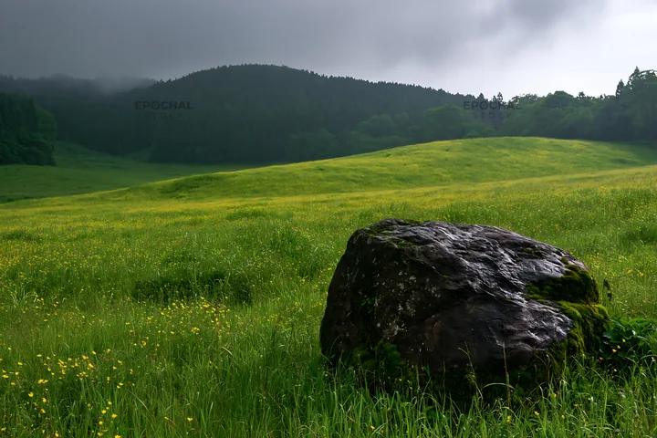 Misty meadow with moss covered stone in Shimane - AI-generated stock image