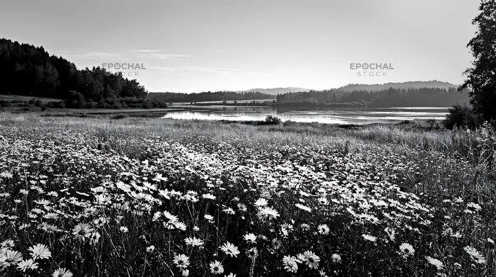 German lakeside meadow with wildflowers in black and white - AI-generated stock image