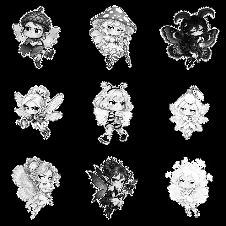 Kawaii grumpy fairies in a 3x3 grid design - AI-generated stock image