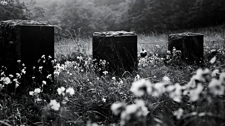 Christmas ornaments above stream in meadow - AI-generated stock image
