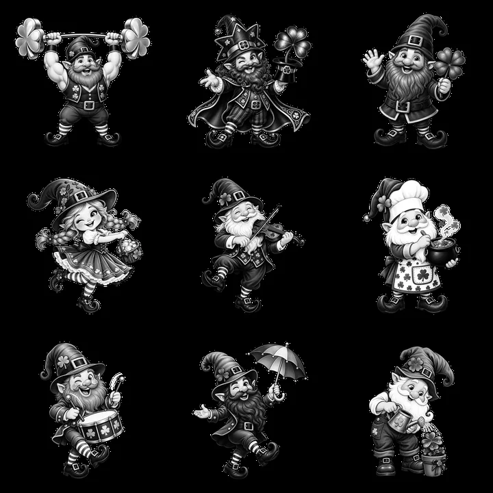 St. Patrick's Day gnome collection with various actions and props - AI-generated stock image
