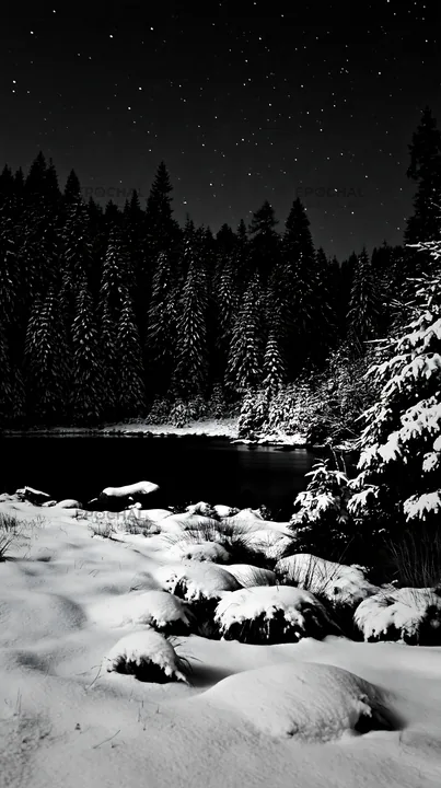 Snowy lakeside meadow at night with stars in the sky - AI-generated stock image