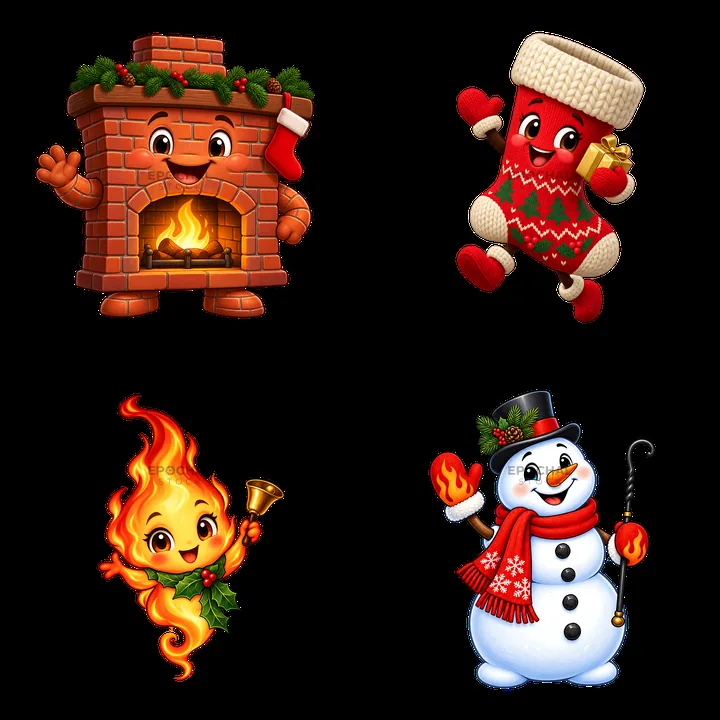 Christmas fireplace with a cheerful Santa, bell, snowman, and flames - AI-generated stock image