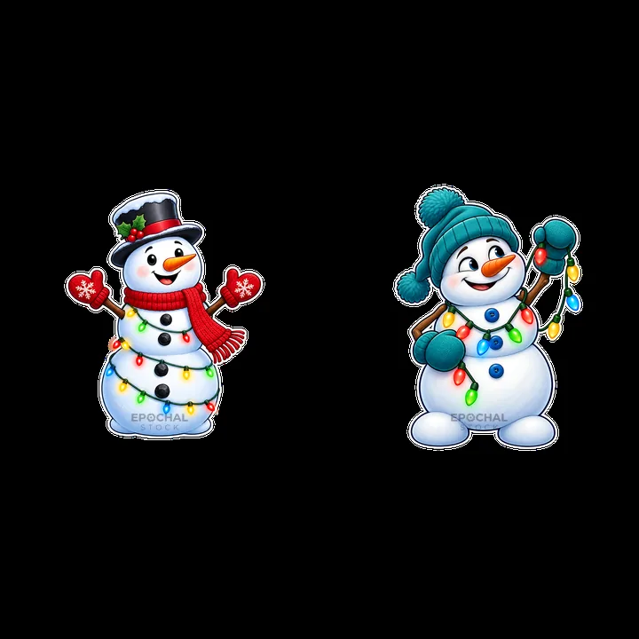 Snowmen decorating with string lights for the holiday season - AI-generated stock image