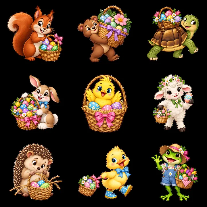 Easter animals with baskets delivering colorful eggs in spring scene - AI-generated stock image