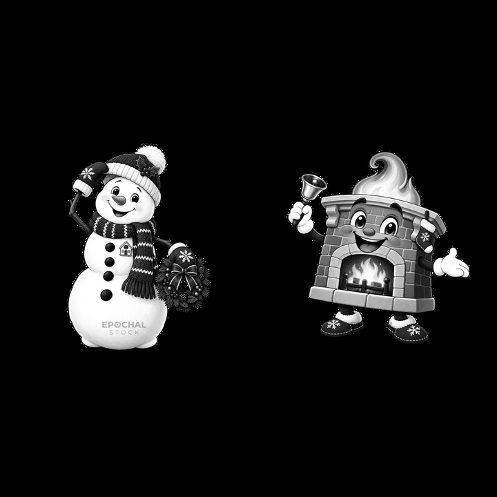 Snowman with wreath and cheerful fireplace character for Christmas - AI-generated stock image