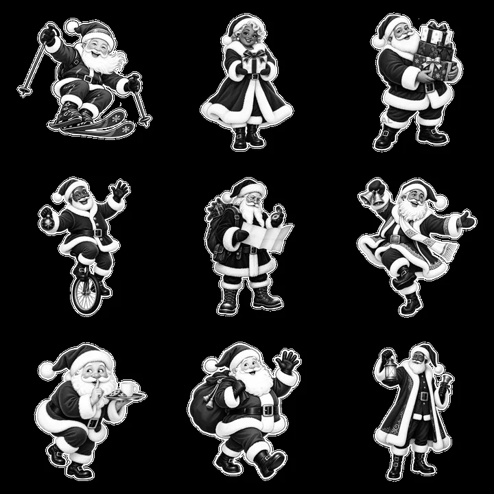 Santa Claus activities in a fun black-and-white cartoon sticker set - AI-generated stock image