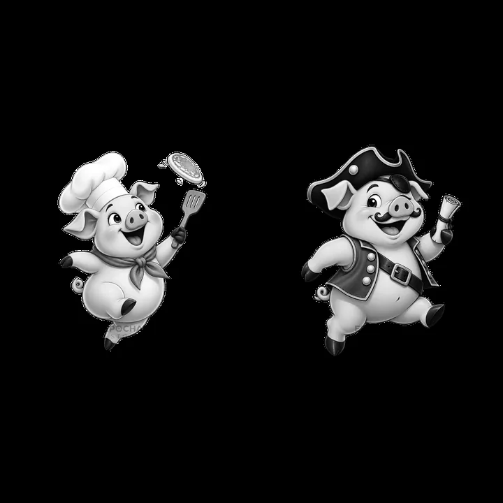 Two cartoon pigs cooking and playing with food items - AI-generated stock image