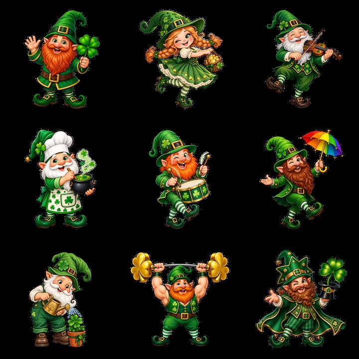 St. Patrick's Day gnomes in a 3x3 arrangement with various activities - AI-generated stock image
