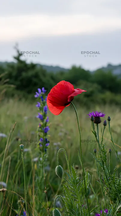 Poppy larkspur meadow with wildflowers in natural setting - AI-generated stock image