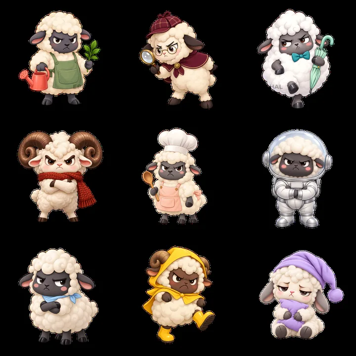 Kawaii grumpy sheep with various outfits in a 3x3 layout - AI-generated stock image