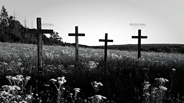 Four wooden crosses in a meadow during winter - AI-generated stock image