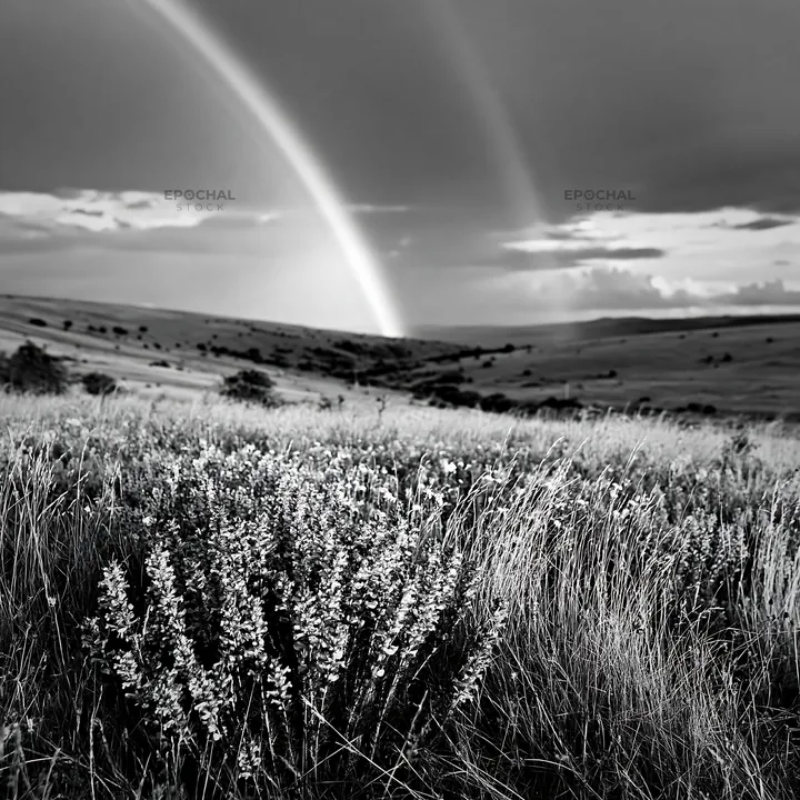 Colorful lavender meadow with a distant rainbow in the sky - AI-generated stock image