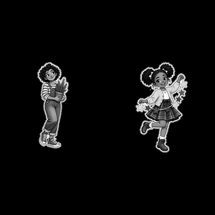 Kids spinning with a plant and stars in black and white - AI-generated stock image