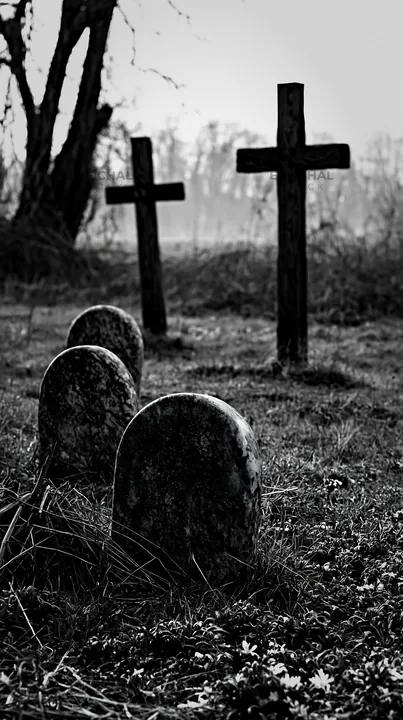 Multiple Christian crosses in Christmas meadow - AI-generated stock image