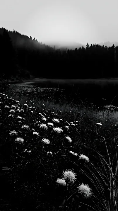 Lakeside meadow in Germany with wildflowers and forest - AI-generated stock image