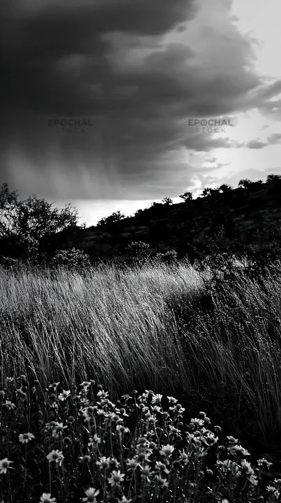 Drought-tolerant meadow under cloudy sky in black and white - AI-generated stock image