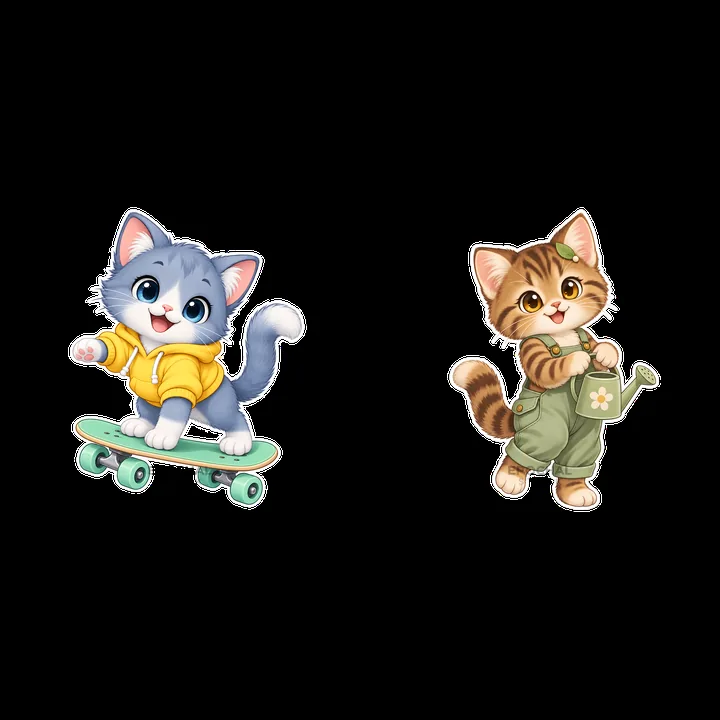 Kawaii cat stickers of playful skateboard and gardening cats - AI-generated stock image