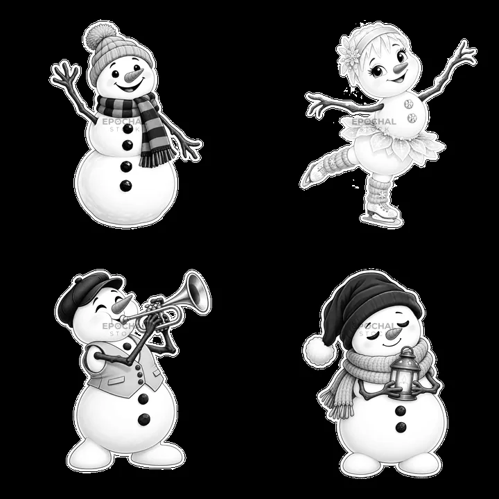 Snowman with friends skating, playing trumpet, and holding bell - AI-generated stock image