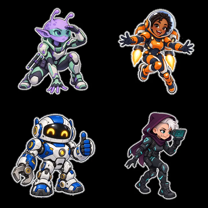 Kawaii futuristic super-soldiers in a 2x2 layout - AI-generated stock image