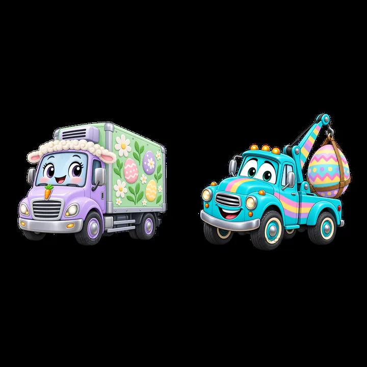 Easter theme trucks with colorful decorations and egg designs - AI-generated stock image