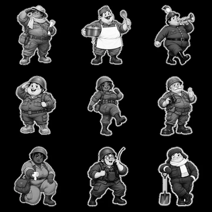 Chubby soldier cartoon stickers in a grid layout - AI-generated stock image